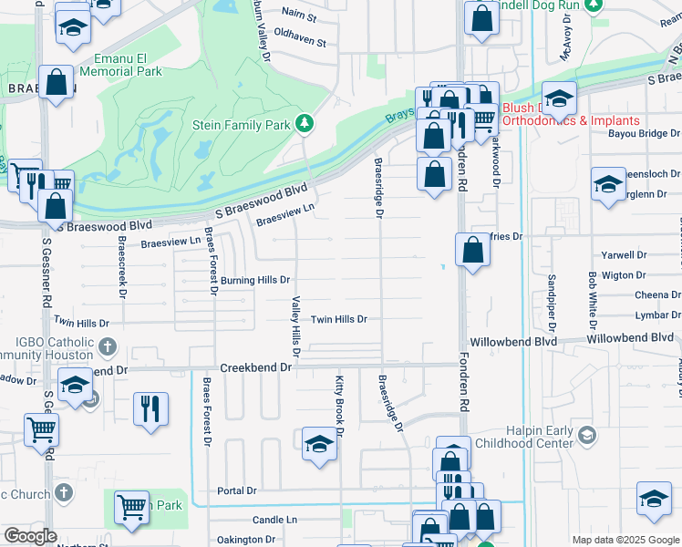 map of restaurants, bars, coffee shops, grocery stores, and more near 7722 Braesdale Lane in Houston