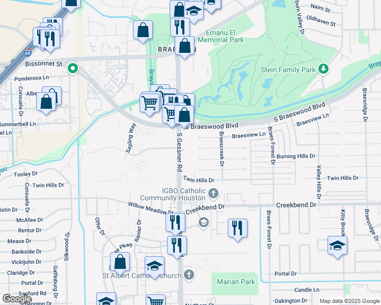 map of restaurants, bars, coffee shops, grocery stores, and more near 10101 South Gessner Road in Houston