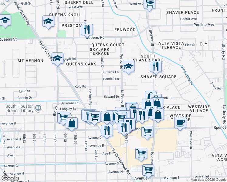 map of restaurants, bars, coffee shops, grocery stores, and more near 415 Betty Street in South Houston