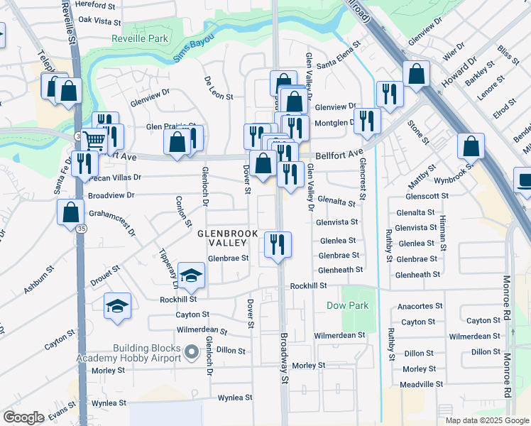 map of restaurants, bars, coffee shops, grocery stores, and more near 8339 Dover Street in Houston