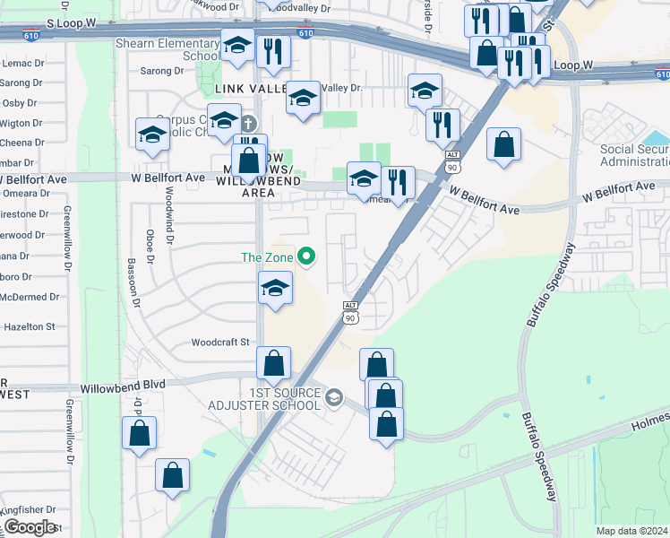 map of restaurants, bars, coffee shops, grocery stores, and more near 15 Charleston Park Drive in Houston
