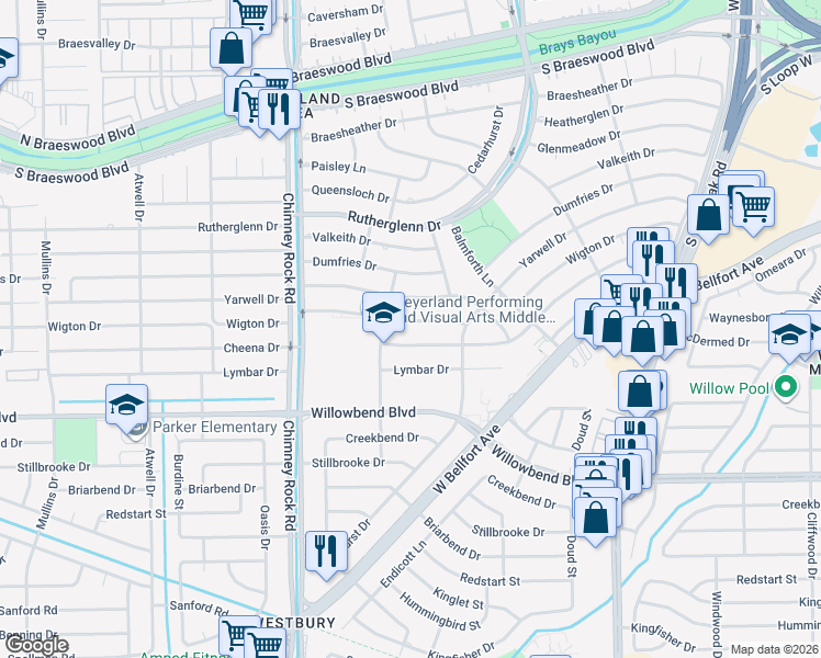 map of restaurants, bars, coffee shops, grocery stores, and more near 5234 Wigton Drive in Houston