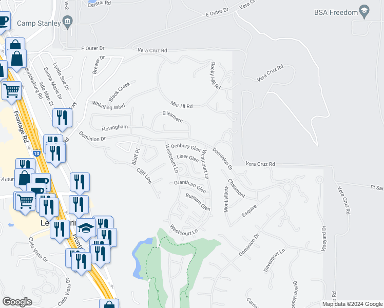 map of restaurants, bars, coffee shops, grocery stores, and more near 16 Denbury Glen in San Antonio
