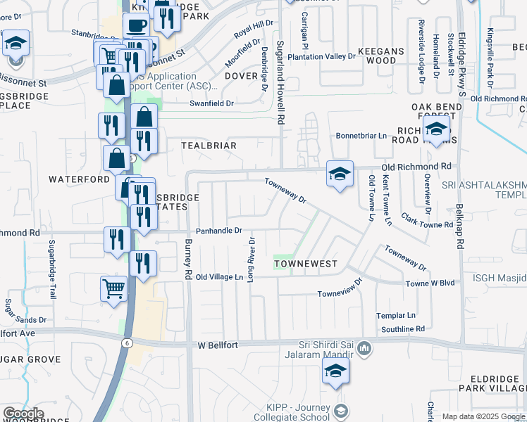 map of restaurants, bars, coffee shops, grocery stores, and more near 10015 Bell Towne Drive in Sugar Land
