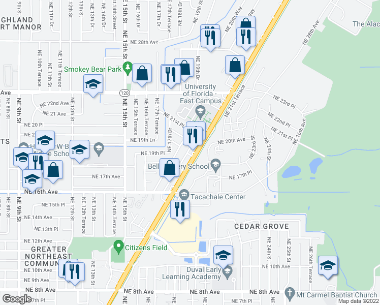 map of restaurants, bars, coffee shops, grocery stores, and more near 1923 Northeast 17th Way in Gainesville
