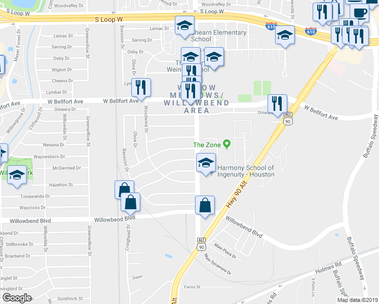 map of restaurants, bars, coffee shops, grocery stores, and more near 4009 Mcdermed Drive in Houston
