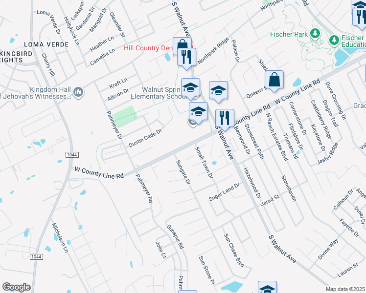 map of restaurants, bars, coffee shops, grocery stores, and more near 1300 West County Line Road in New Braunfels