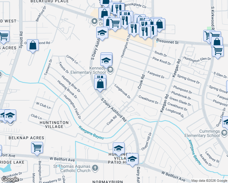 map of restaurants, bars, coffee shops, grocery stores, and more near 12419 Longbrook Drive in Houston