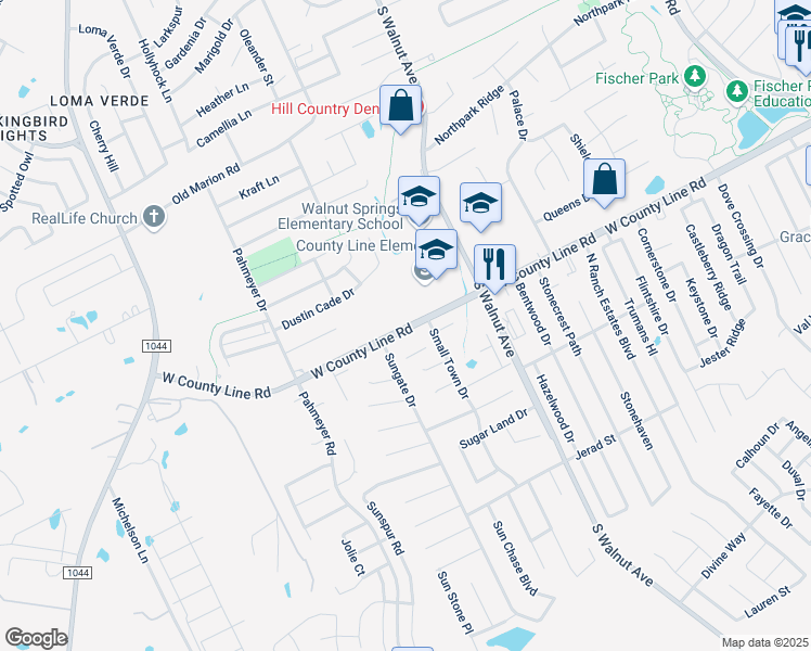 map of restaurants, bars, coffee shops, grocery stores, and more near 1350 West County Line Road in New Braunfels