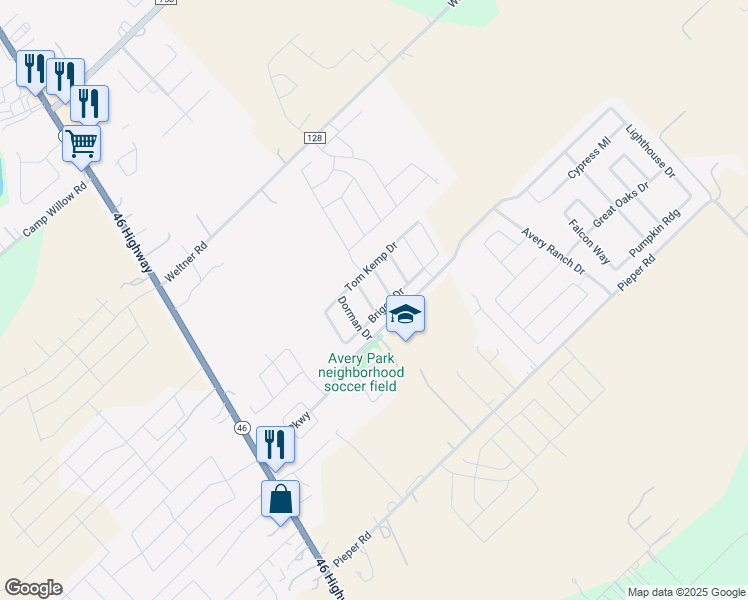 map of restaurants, bars, coffee shops, grocery stores, and more near 2135 Wiltshire Drive in New Braunfels