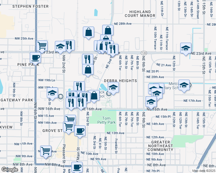 map of restaurants, bars, coffee shops, grocery stores, and more near 1901 Northeast 2nd Street in Gainesville
