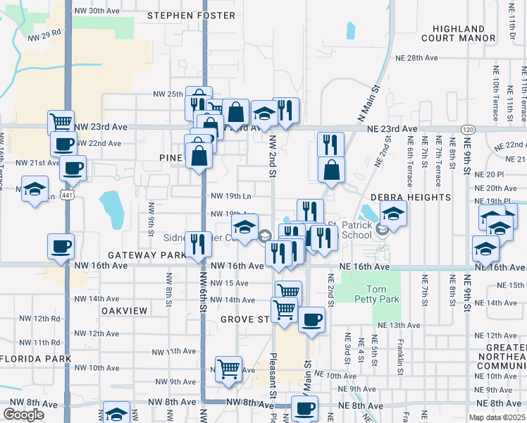 map of restaurants, bars, coffee shops, grocery stores, and more near 225 Northwest 19th Lane in Gainesville