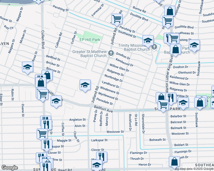 map of restaurants, bars, coffee shops, grocery stores, and more near 5127 Lyndhurst Drive in Houston