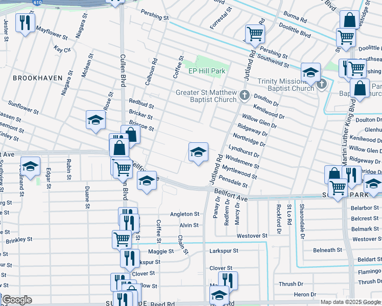 map of restaurants, bars, coffee shops, grocery stores, and more near 5048 Briscoe Street in Houston