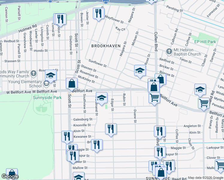 map of restaurants, bars, coffee shops, grocery stores, and more near 4413 McKinley Street in Houston
