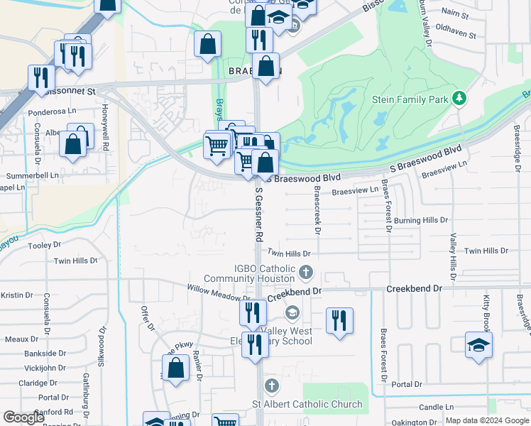 map of restaurants, bars, coffee shops, grocery stores, and more near 10101 South Gessner Road in Houston