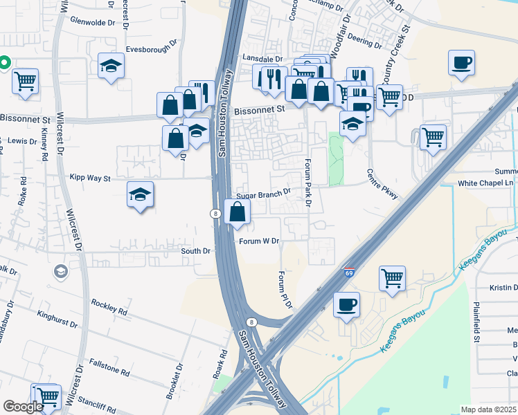 map of restaurants, bars, coffee shops, grocery stores, and more near 10202 Forum Park Drive in Houston