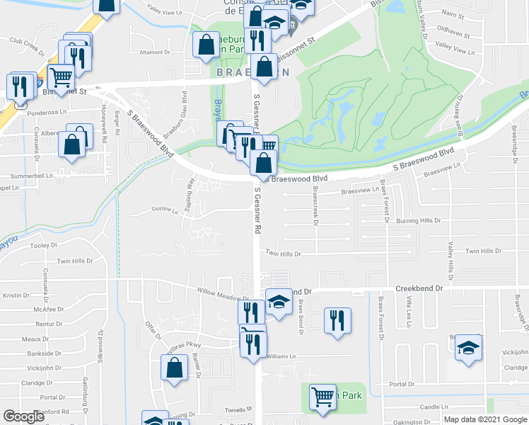 map of restaurants, bars, coffee shops, grocery stores, and more near 10101 South Gessner Road in Houston