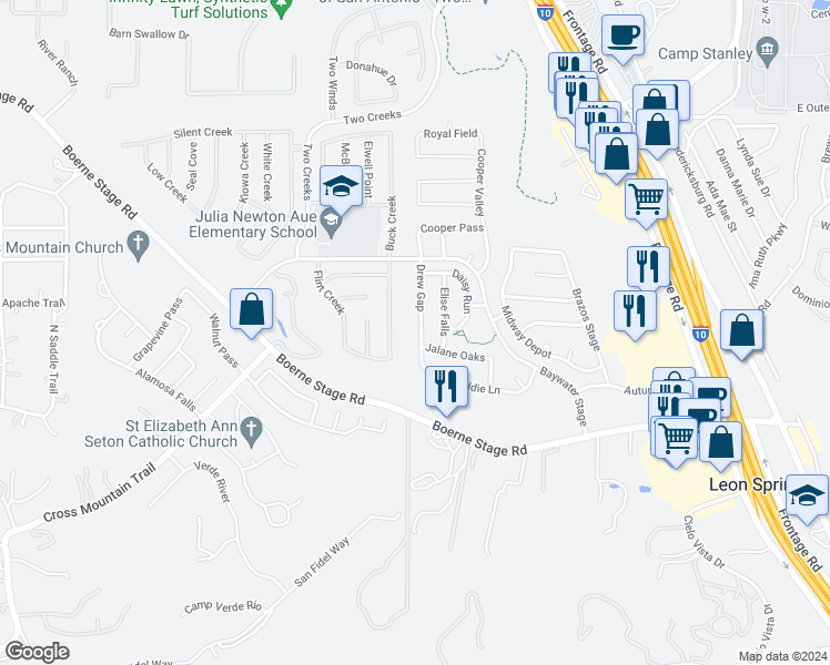 map of restaurants, bars, coffee shops, grocery stores, and more near 24411 Drew Gap in San Antonio