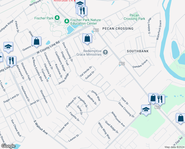 map of restaurants, bars, coffee shops, grocery stores, and more near 231 Goliad Drive in New Braunfels