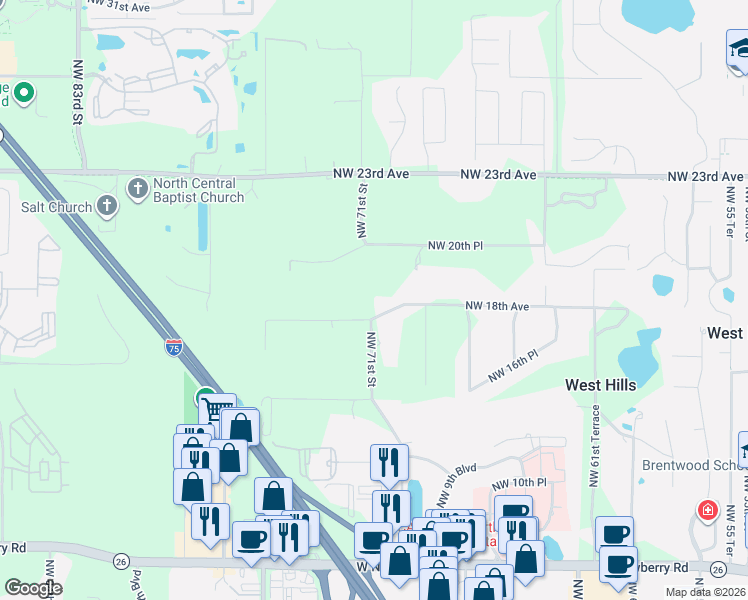 map of restaurants, bars, coffee shops, grocery stores, and more near 7024 Northwest 18th Avenue in Gainesville