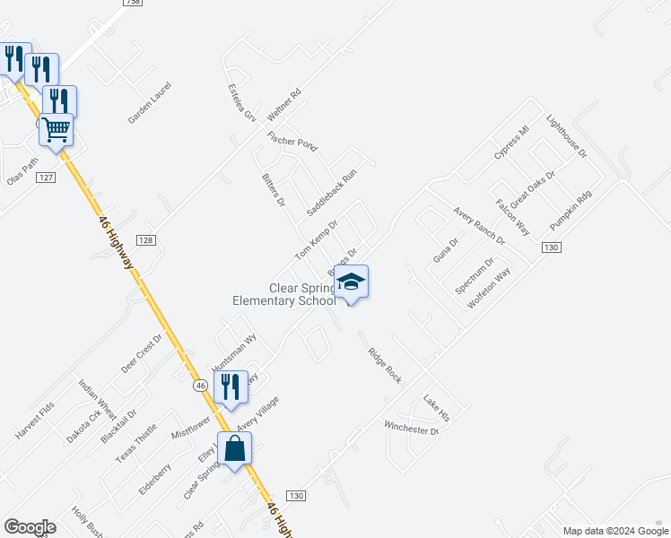 map of restaurants, bars, coffee shops, grocery stores, and more near 2198 Sinclair Drive in New Braunfels