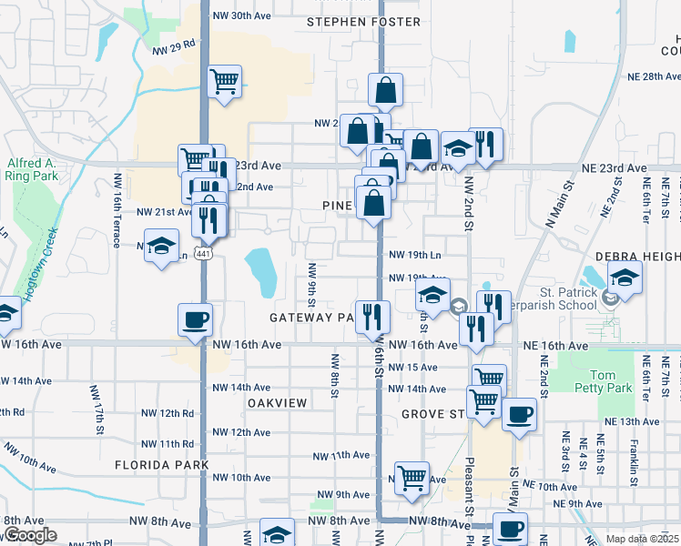 map of restaurants, bars, coffee shops, grocery stores, and more near 705 Northwest 19th Lane in Gainesville