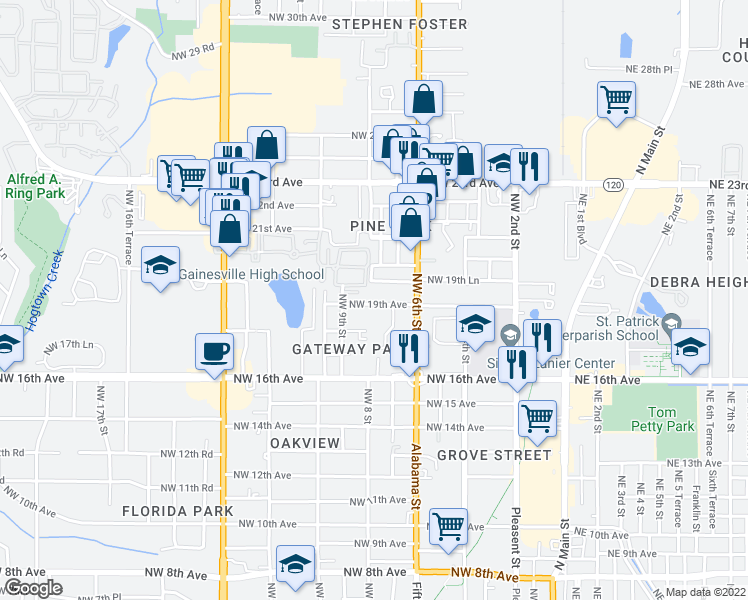 map of restaurants, bars, coffee shops, grocery stores, and more near 726 Northwest 19th Avenue in Gainesville
