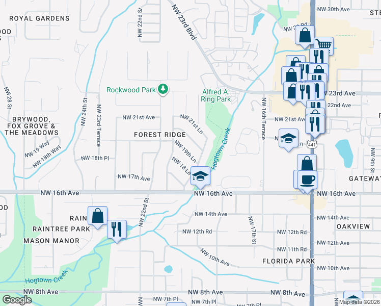 map of restaurants, bars, coffee shops, grocery stores, and more near 2046 Northwest 19th Lane in Gainesville