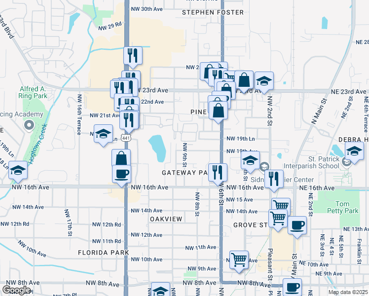 map of restaurants, bars, coffee shops, grocery stores, and more near 820 Northwest 19th Avenue in Gainesville