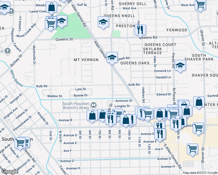 map of restaurants, bars, coffee shops, grocery stores, and more near 412 North 8th Street in South Houston