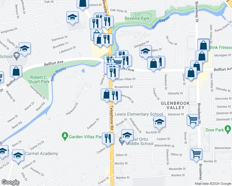 map of restaurants, bars, coffee shops, grocery stores, and more near 6511 Texas 35 in Houston