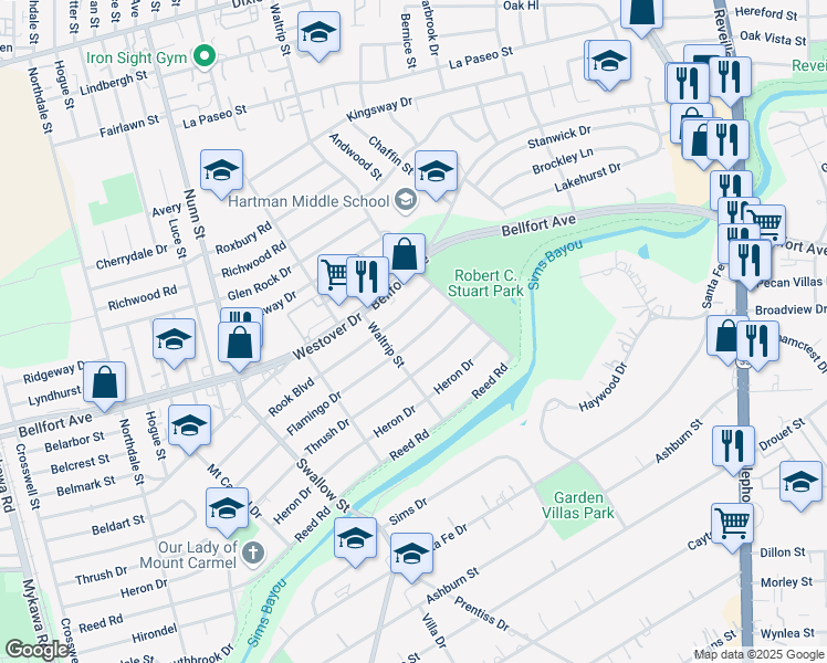 map of restaurants, bars, coffee shops, grocery stores, and more near 7122 Rook Boulevard in Houston