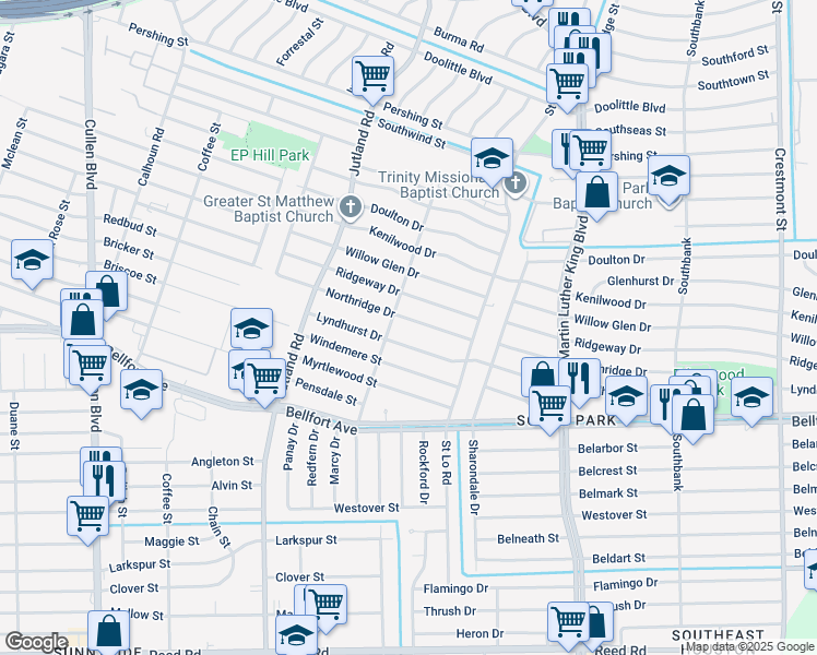 map of restaurants, bars, coffee shops, grocery stores, and more near 5319 Northridge Drive in Houston