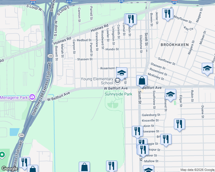 map of restaurants, bars, coffee shops, grocery stores, and more near 8414 Lawler Street in Houston