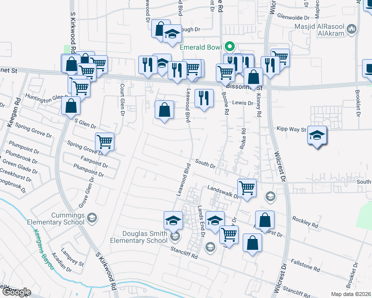 map of restaurants, bars, coffee shops, grocery stores, and more near 9908 Leawood Boulevard in Houston