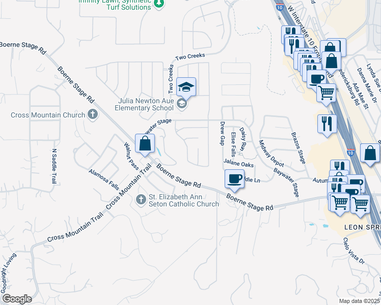 map of restaurants, bars, coffee shops, grocery stores, and more near 24422 Flint Creek in San Antonio