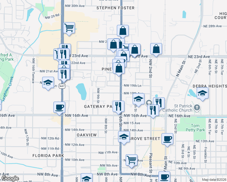 map of restaurants, bars, coffee shops, grocery stores, and more near 705 Northwest 19th Lane in Gainesville