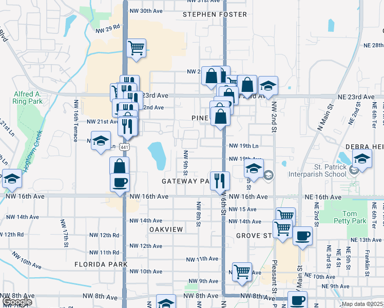 map of restaurants, bars, coffee shops, grocery stores, and more near 820 Northwest 19th Avenue in Gainesville