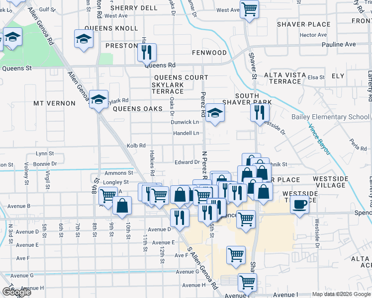 map of restaurants, bars, coffee shops, grocery stores, and more near 415 Betty Street in South Houston