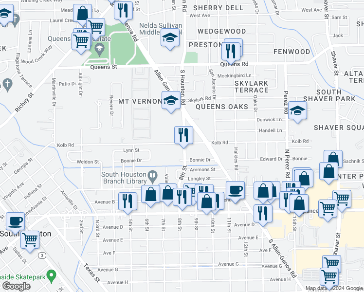 map of restaurants, bars, coffee shops, grocery stores, and more near 412 North 8th Street in South Houston