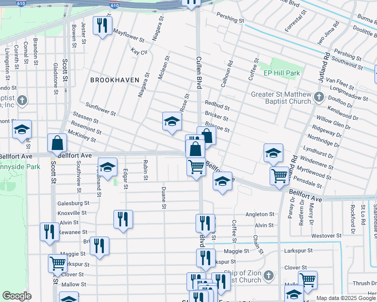 map of restaurants, bars, coffee shops, grocery stores, and more near 4642 Sunflower Street in Houston