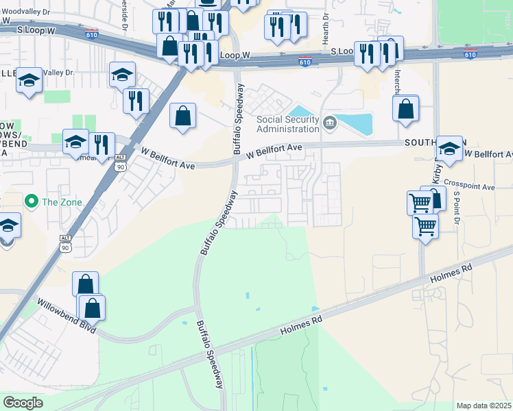 map of restaurants, bars, coffee shops, grocery stores, and more near 18383 Buffalo Speedway in Houston