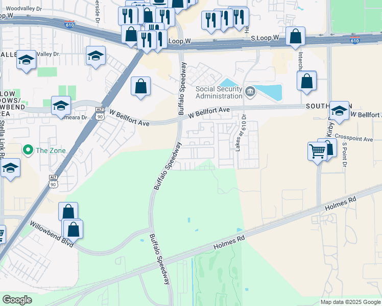 map of restaurants, bars, coffee shops, grocery stores, and more near 18383 Buffalo Speedway in Houston