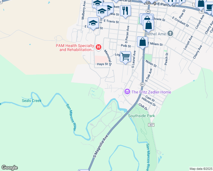 map of restaurants, bars, coffee shops, grocery stores, and more near 75 Glendale Lane in Luling