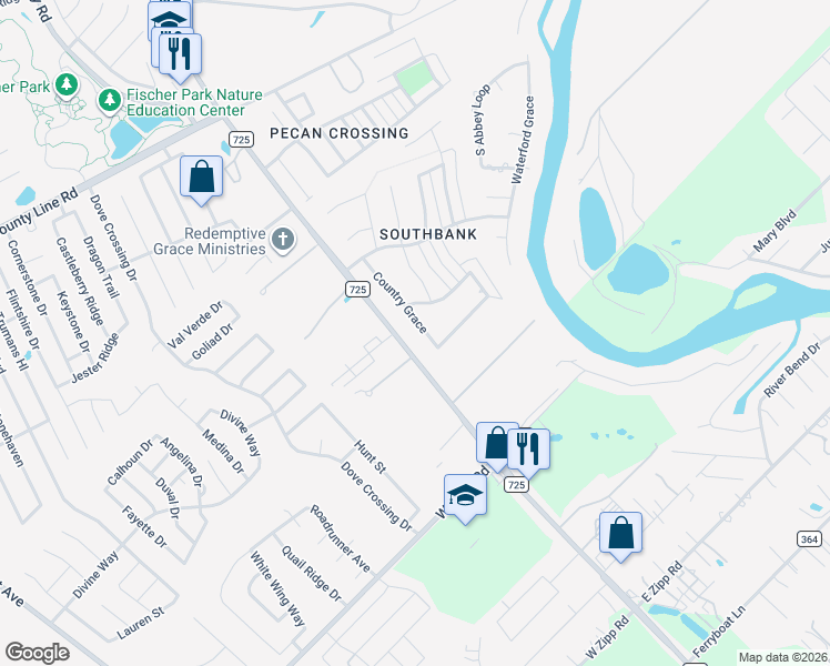 map of restaurants, bars, coffee shops, grocery stores, and more near 2429 Country Grace in New Braunfels