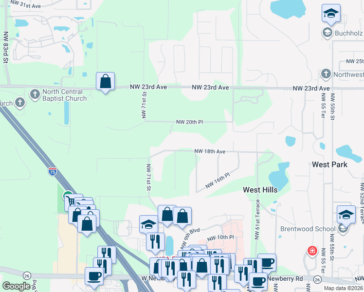 map of restaurants, bars, coffee shops, grocery stores, and more near 6726 Northwest 18th Avenue in Gainesville