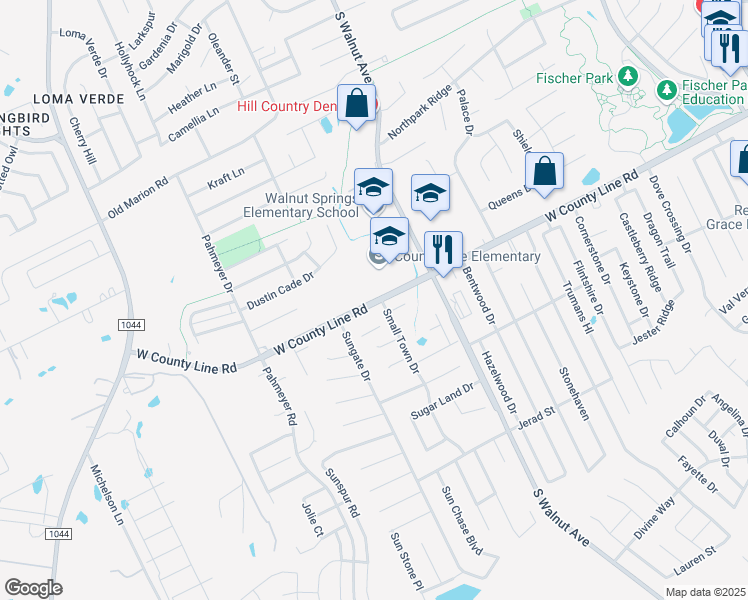 map of restaurants, bars, coffee shops, grocery stores, and more near 1300 West County Line Road in New Braunfels