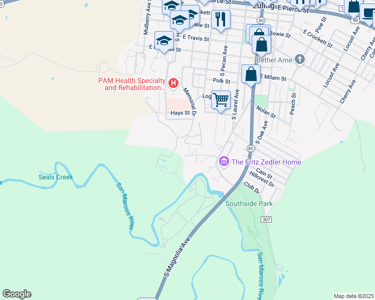map of restaurants, bars, coffee shops, grocery stores, and more near 75 Glendale Lane in Luling