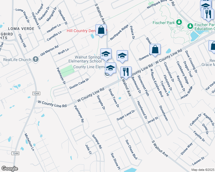 map of restaurants, bars, coffee shops, grocery stores, and more near 1260 West County Line Road in New Braunfels